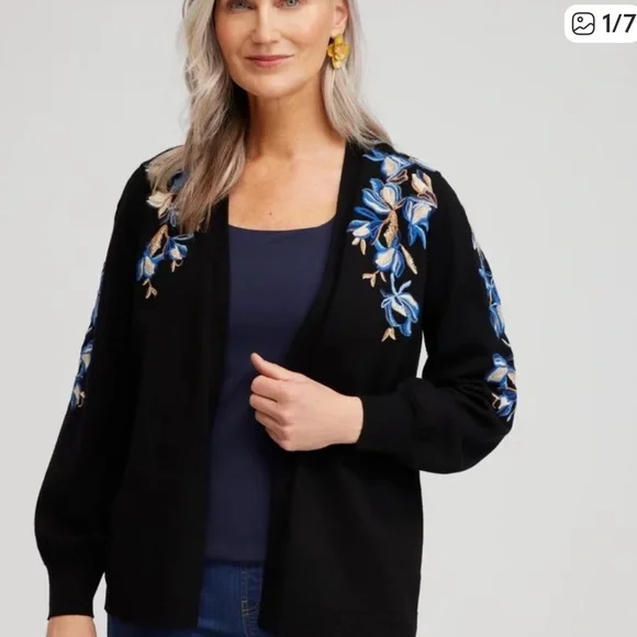 Chicos Black Cardigan With Blue And Gold Embroidered Details Size 1 - Picture 3 of 6